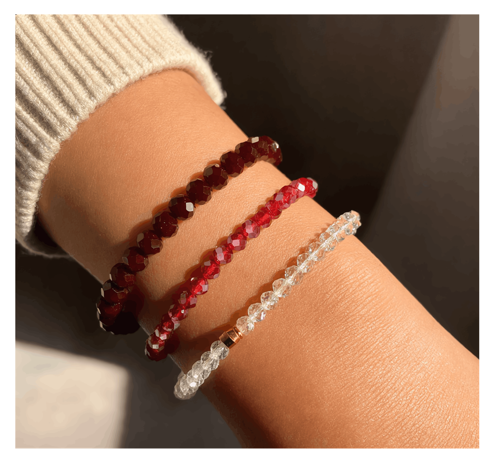 Handmade Deep Brown, Ruby, Clear Beaded Bracelet, Passion & Purity Stack Jewelry