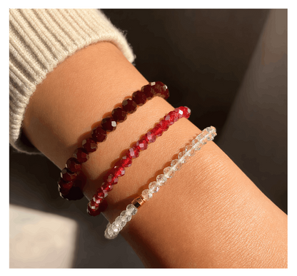 Handmade Deep Brown, Ruby, Clear Beaded Bracelet, Passion & Purity Stack Jewelry