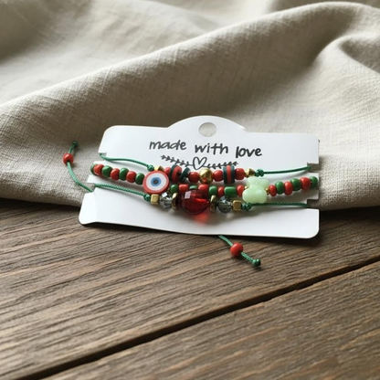 Evil Eye Butterfly Bracelet Set, Red Green Seed Bead Bracelet, Protection Jewelry, Adjustable Friendship Bracelet, Boho Gift for Her