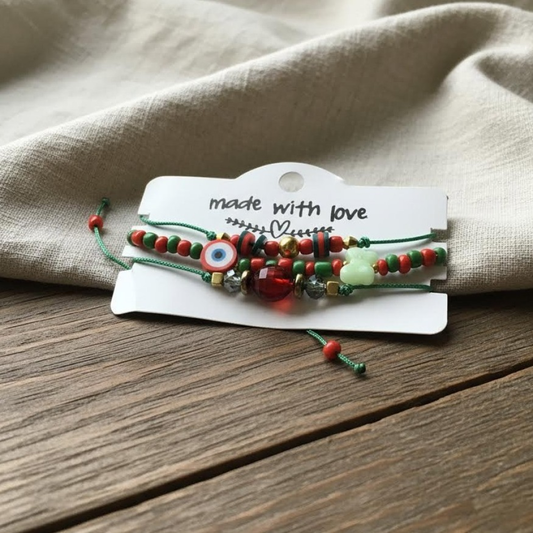 Evil Eye Butterfly Bracelet Set, Red Green Seed Bead Bracelet, Protection Jewelry, Adjustable Friendship Bracelet, Boho Gift for Her