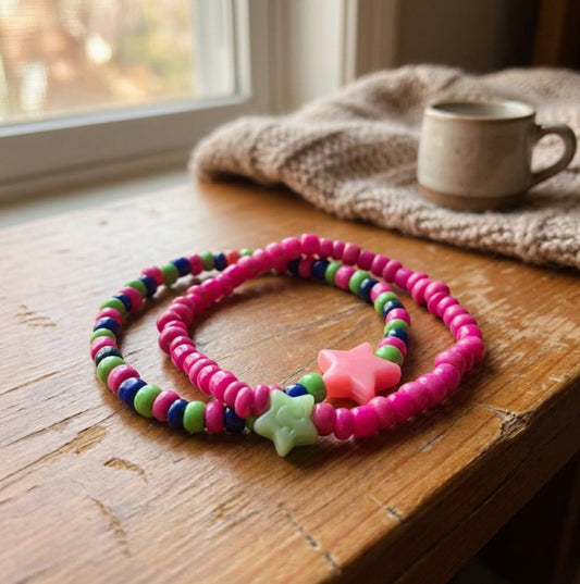 Handmade Beaded Friendship Bracelet Set (2 pcs) – Pink, Green & Blue Beads with Star Accents