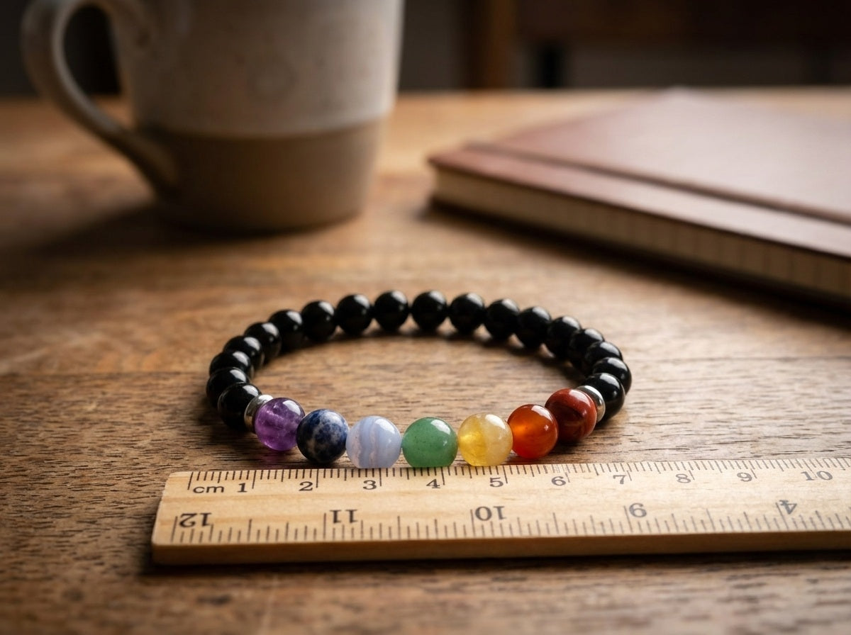 Handmade Rainbow Chakra and Black Onyx Healing Crystal Bracelet Beaded Protection Jewelry Natural Stone Artisan Spiritual Wellness Gift