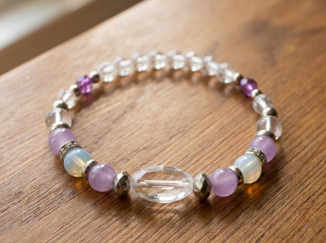 Handmade Beaded Bracelet – Amethyst-Style, Moonstone-Inspired & Quartz-Look Accents, Purple Boho Jewelry