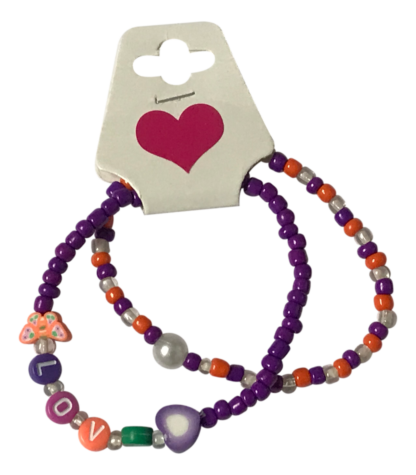 LOVE Beaded Bracelet Set with Butterfly Charm, Purple Orange Kawaii Heart Jewelry Cute Friendship Bracelet