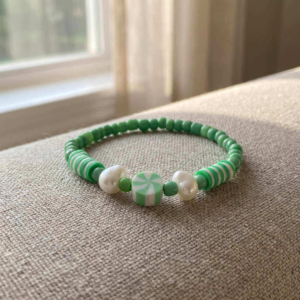 Green Clay Bead Pearl Bracelet, Preppy Peppermint Swirl Candy Jewelry,  Cute Summer Gift for Her