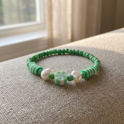 Green Clay Bead Pearl Bracelet, Preppy Peppermint Swirl Candy Jewelry,  Cute Summer Gift for Her