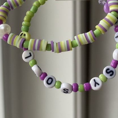 Handmade Green Purple Beaded Bracelet Set, Striped & Letter Design, Playful Boho Jewelry