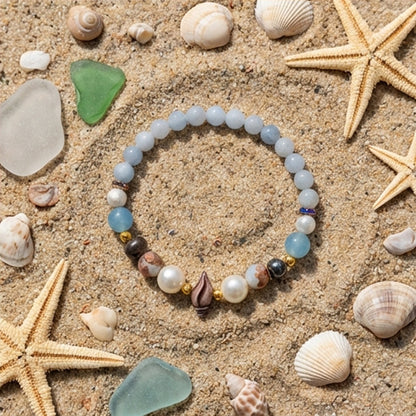 Handmade Aquamarine and Pearl Beaded Bracelet Blue White Natural Stone Boho Style One Size Gemstone Jewelry