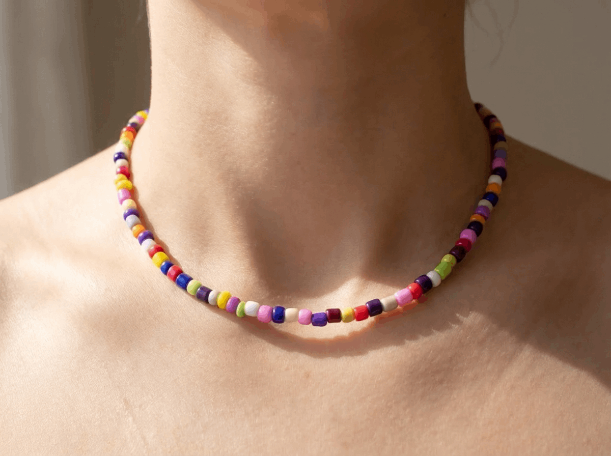 Handmade Rainbow Beaded Necklace, Colorful Y2K Indie Choker, Multi-Color Summer Bead Jewelry with Adjustable Extension