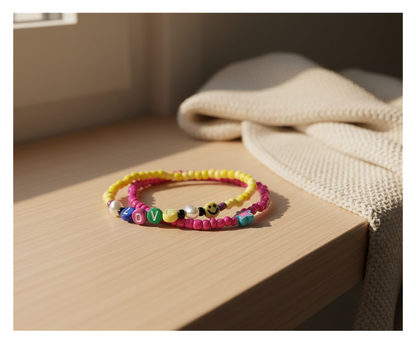Handmade Hot Pink and Yellow Beaded Bracelet with Charms, Youth/Teen Jewelry, Novelty Bracelet, Boho-chic