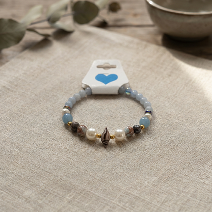 Handmade Aquamarine and Pearl Beaded Bracelet Blue White Natural Stone Boho Style One Size Gemstone Jewelry