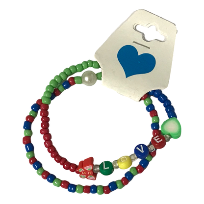 Handmade Rainbow Beaded Bracelet Set, Heart Charm & LOVE Letters, Pearl-Like Accent, Playful Boho Jewelry