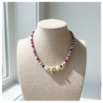 Handcrafted Lavender Coast Starfish and Pearl-like Necklace, Metal-Plated Clasp w/ Extension Chain