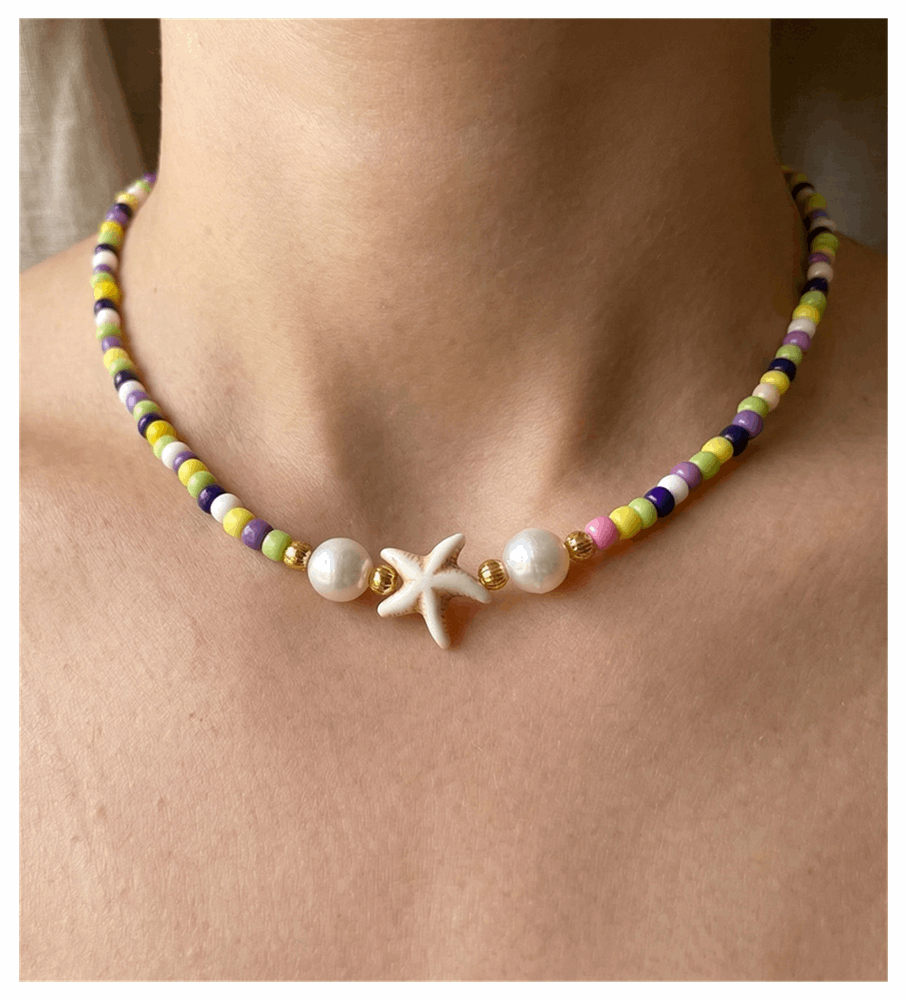 Handcrafted Coastal Starfish Beaded Necklace, Metal-Plated Clasp w/ Extension Chain