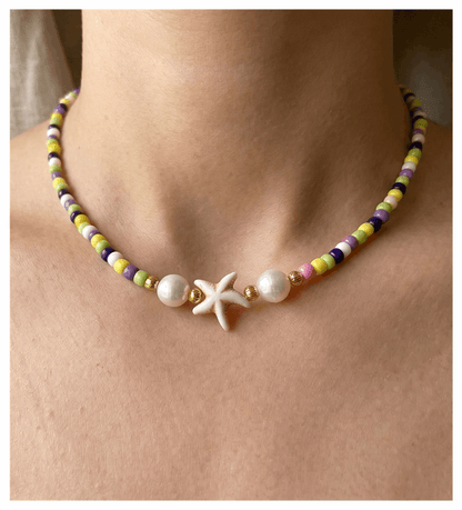 Handcrafted Coastal Starfish Beaded Necklace, Metal-Plated Clasp w/ Extension Chain