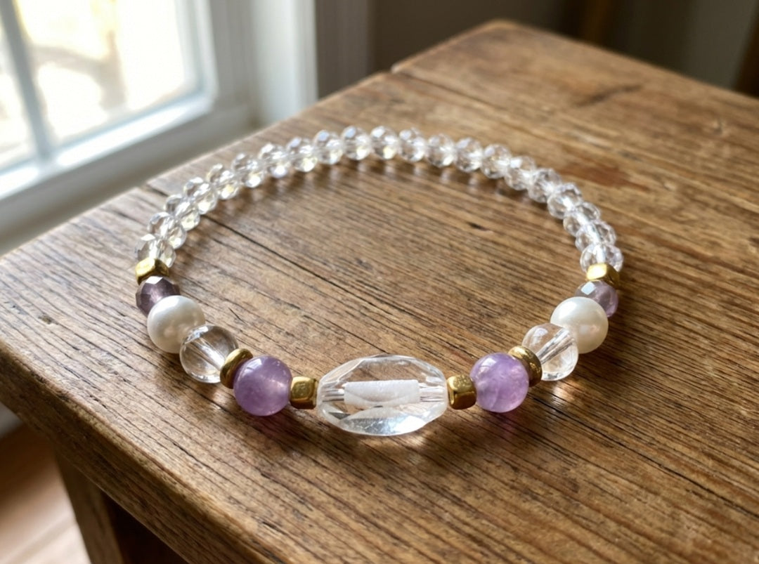 Handmade Beaded Bracelet - Lavender Amethyst-Style, Moonstone-Inspired & Pearl-Like Beads with Gold-Tone Accents and Clear Gemstone-Style Centerpiece