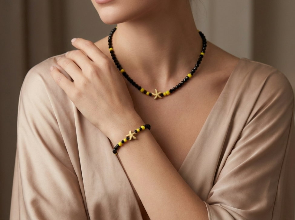 Handmade Starfish Necklace and Bracelet Set Black Faceted Beads with Yellow Accents