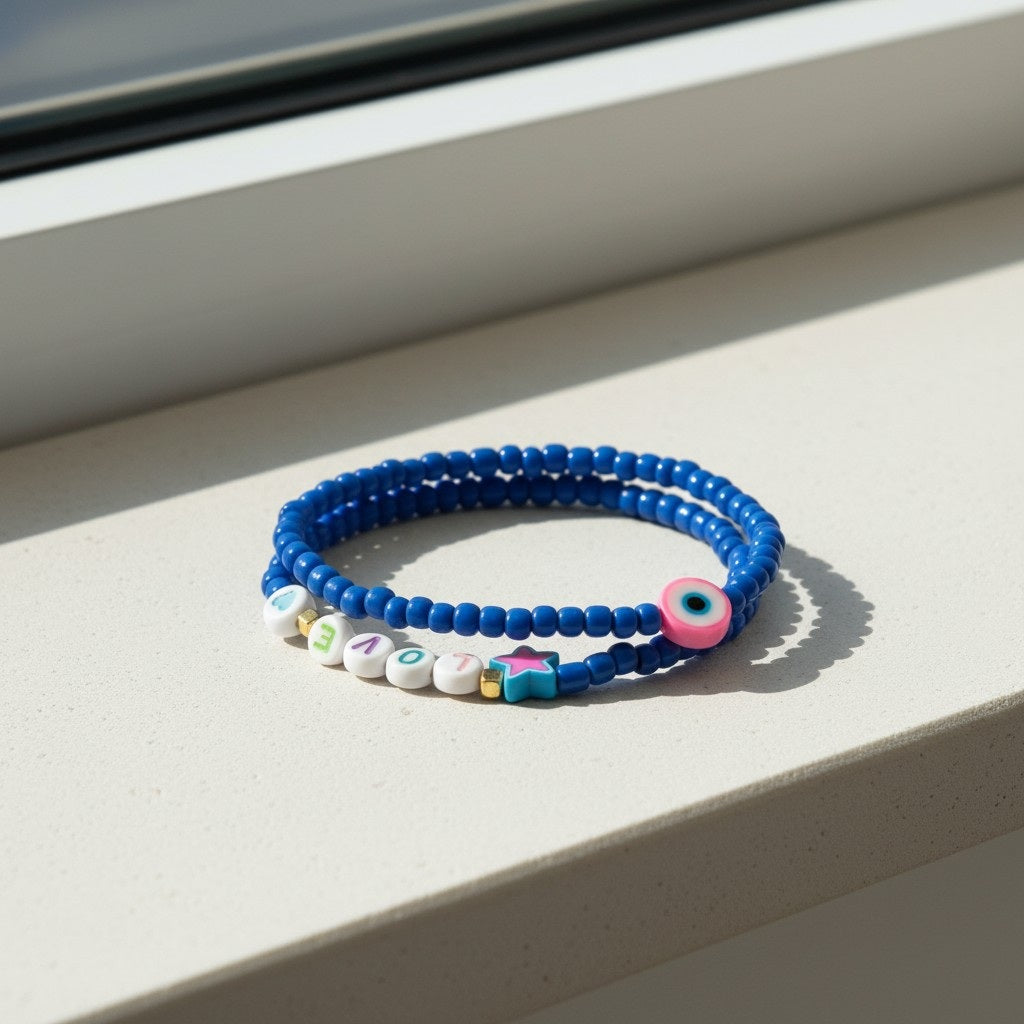 Handmade Blue Beaded Bracelet Set with Evil Eye Charm— Personalized Friendship Gift For Her, Stackable Stretch Jewelry