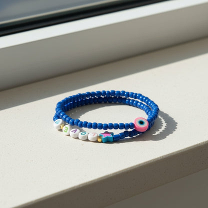 Handmade Blue Beaded Bracelet Set with Evil Eye Charm— Personalized Friendship Gift For Her, Stackable Stretch Jewelry
