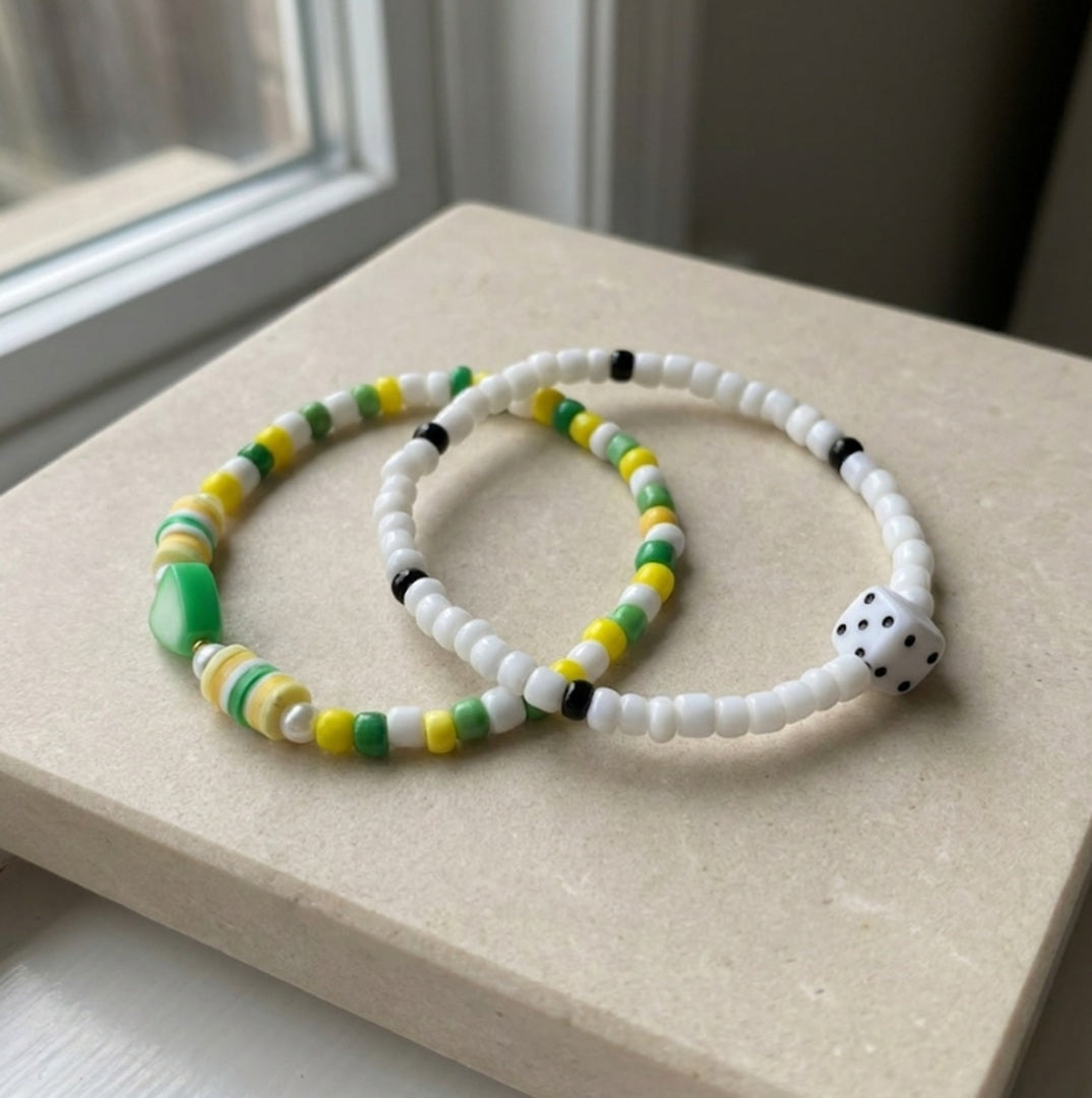 Handmade Green & White Beaded Bracelet Set (2 pcs) – Dice Charm, Striped Beads & Fun Star Accents, Playful Jewelry Gift for Kids/Teens
