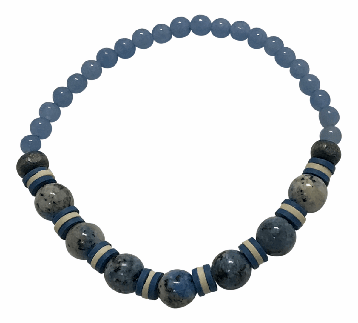 Handmade K2 Stone & Azurite Granite Stretch Bracelet with Blue & White Heishi Polymer Clay Spacer Beads
