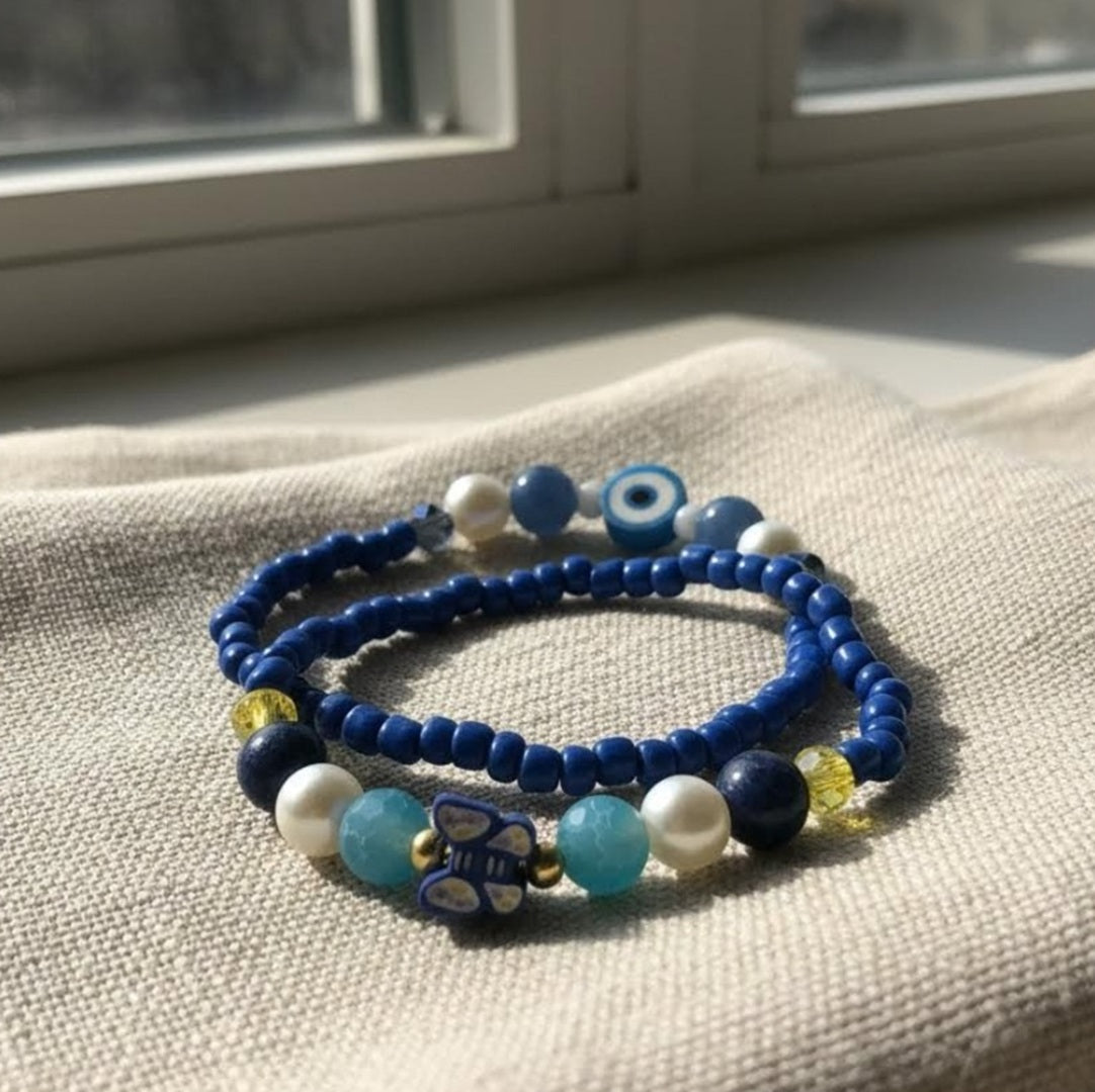 Handmade 2-Piece Blue Beaded Bracelet Set with Pearl-Style, Evil Eye & Butterfly Accents – Gift Jewelry, Boho Fashion Style