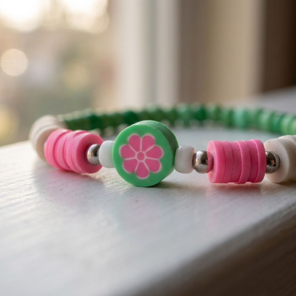 Watermelon Color Clay Bead Bracelet, Pink Green Flower Heishi Bead Jewelry, Preppy Summer Fruit Bracelet Stack