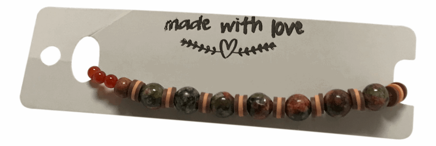 Handmade Beaded Bracelet – Earthy Green, Brown & Red Beads Tones with Tan Disc Spacers