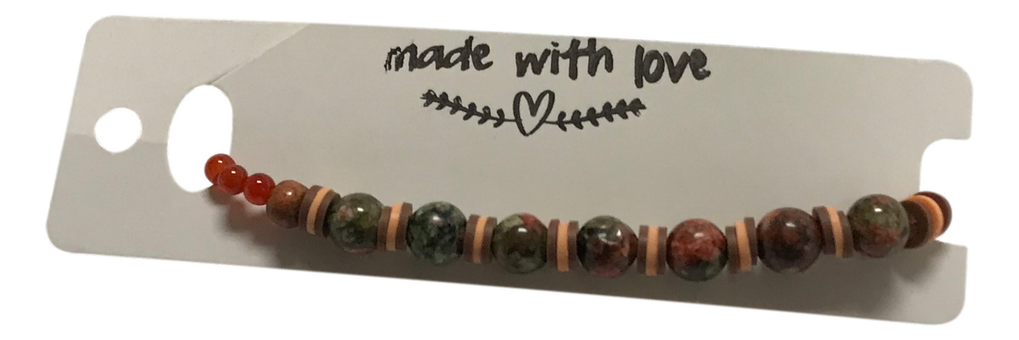 Handmade Beaded Bracelet – Earthy Green, Brown & Red Beads Tones with Tan Disc Spacers