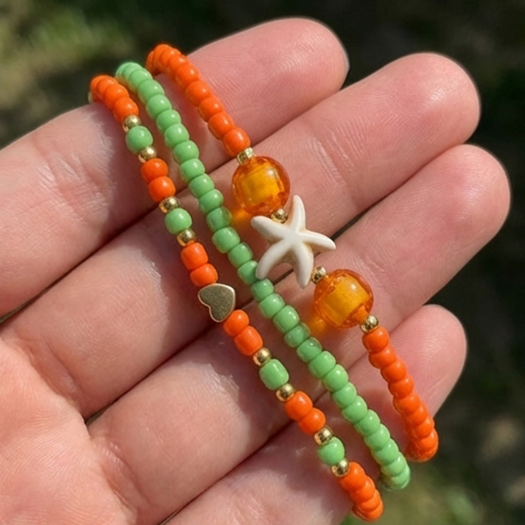 Handmade Orange Green Beaded Bracelet Set, Starfish & Heart Charms, Boho Ocean Jewelry