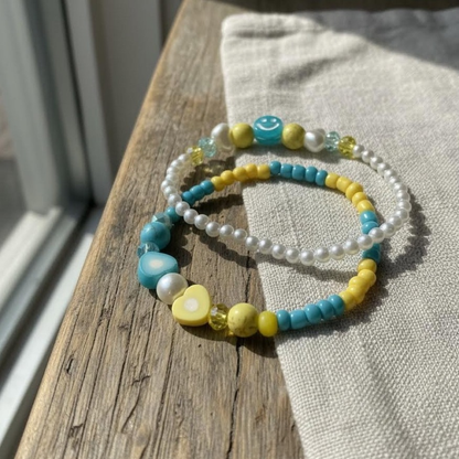 Blue Yellow Beaded Bracelet Set, Smiley Face Heart Bracelet, Colorful Friendship Jewelry, Faux Pearls Stackable Summer Gift