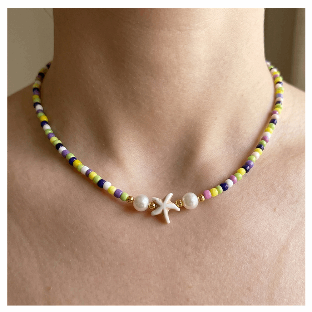 Handcrafted Coastal Starfish Beaded Necklace, Metal-Plated Clasp w/ Extension Chain