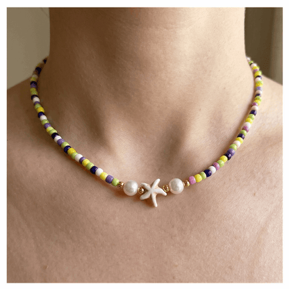 Handcrafted Coastal Starfish Beaded Necklace, Metal-Plated Clasp w/ Extension Chain