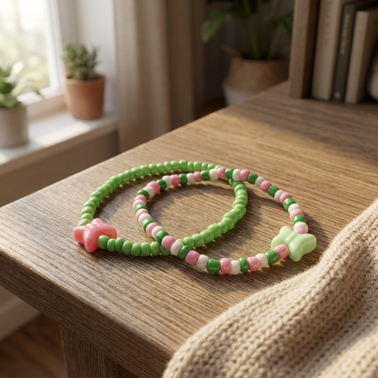 Butterfly Charm Beaded Bracelet Set, Pink Green White Cute Stretch Y2K Aesthetic Jewelry, Kawaii Friendship Bracelet Gift