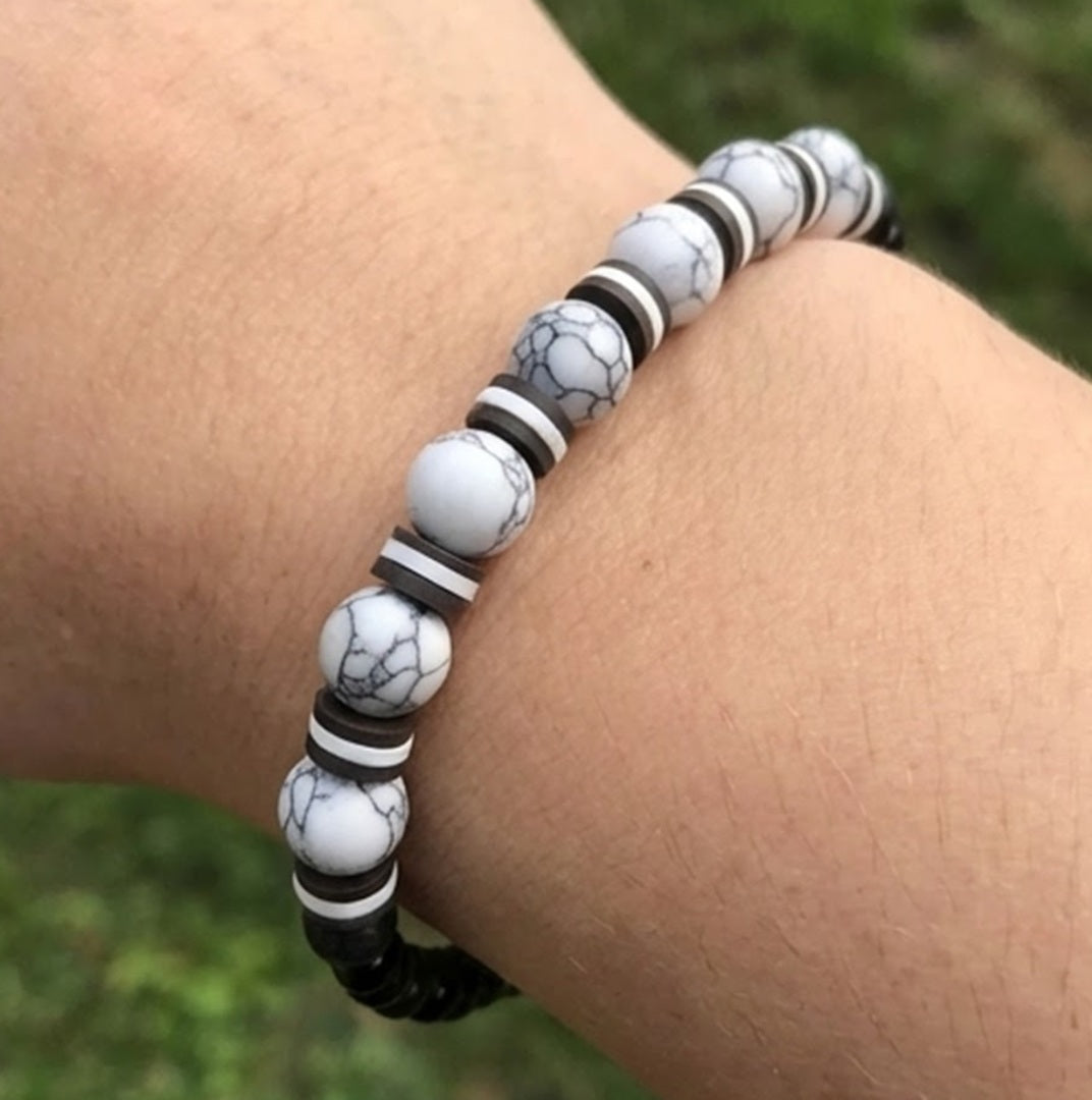 Handmade Beaded White Howlite-style & Black Onyx-style Stretch Bracelet, Boho Jewelry