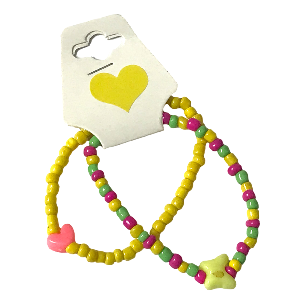 Handmade Yellow Pink Green Beaded Bracelet Set, Heart & Star Charm, Playful Boho Jewelry