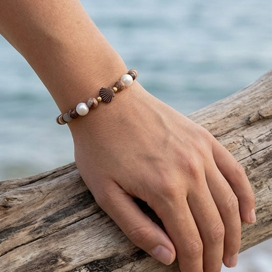 Handmade Wood and Pearl Beaded Bracelet Earth Tone Gemstone Seashell Charm Jewelry Coastal Boho Style