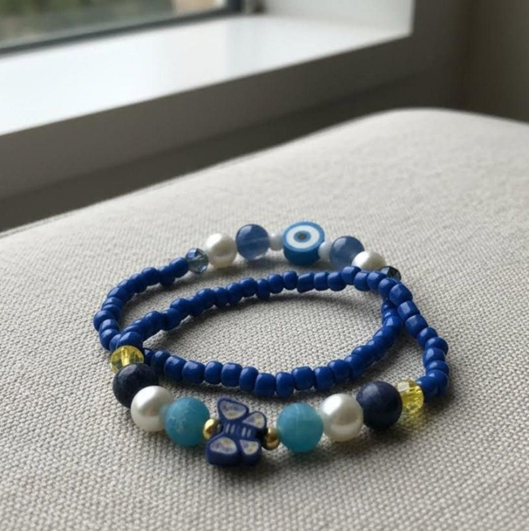 Handmade 2-Piece Blue Beaded Bracelet Set with Pearl-Style, Evil Eye & Butterfly Accents – Gift Jewelry, Boho Fashion Style