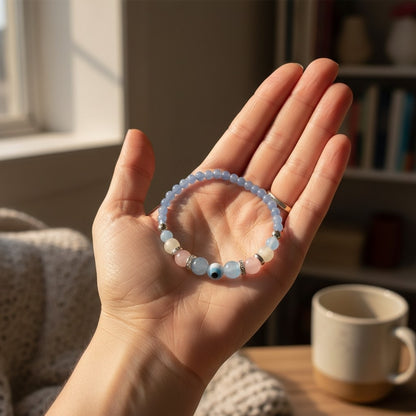 Angelite and Rose Quartz Evil Eye Bracelet Handmade Spiritual Gift Protection Blue Gemstone Beaded Natural Stone Jewelry