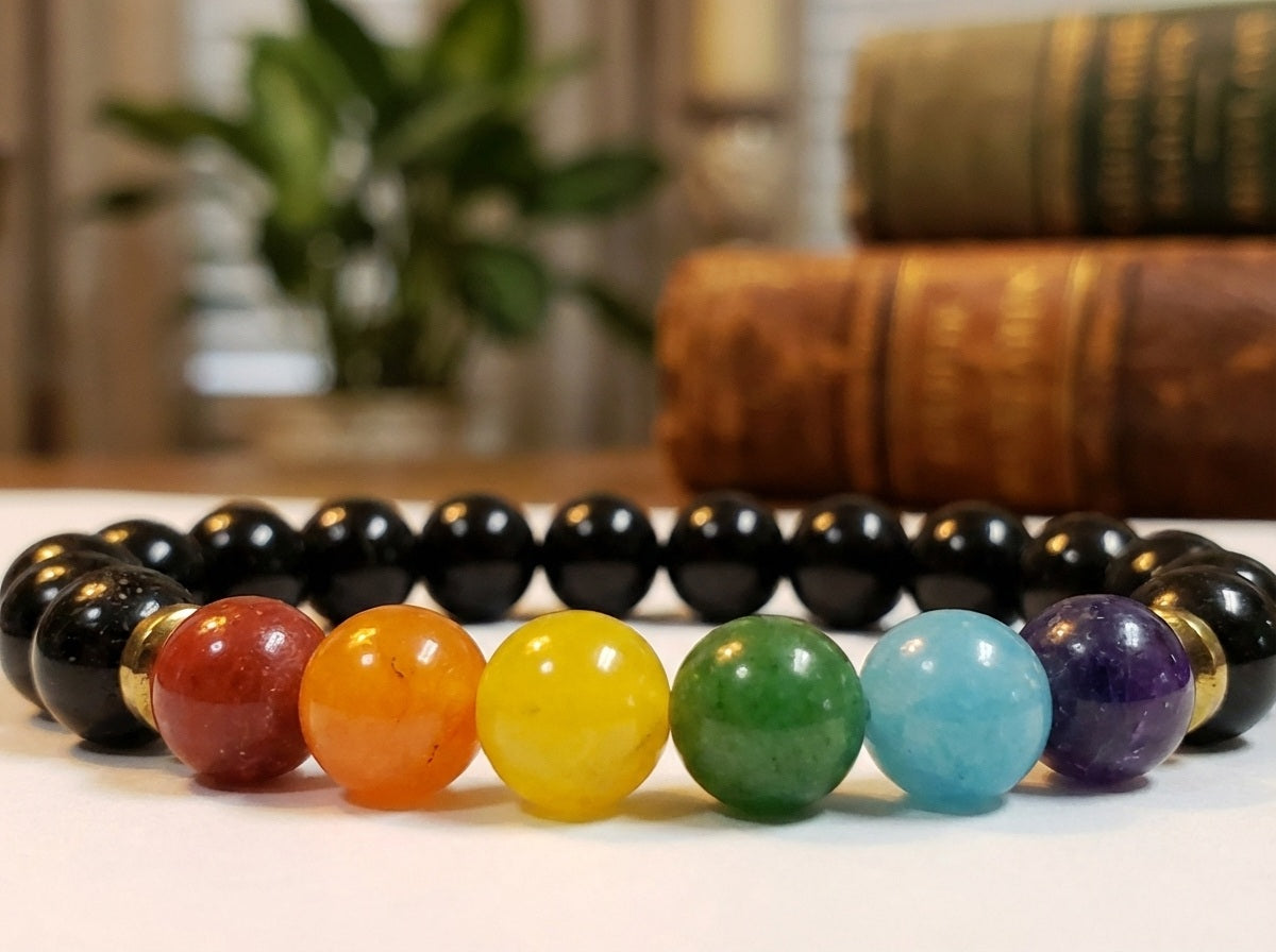 Black Onyx Healing Crystal 7 Chakra Rainbow Handmade Bracelet Artisan Jewelry Spiritual Yoga Gift Minimalist Boho Style