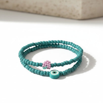 Turquoise Beaded Bracelet Set with Evil Eye Charm, Stretch Seed Bead Handmade Stackable Jewelry