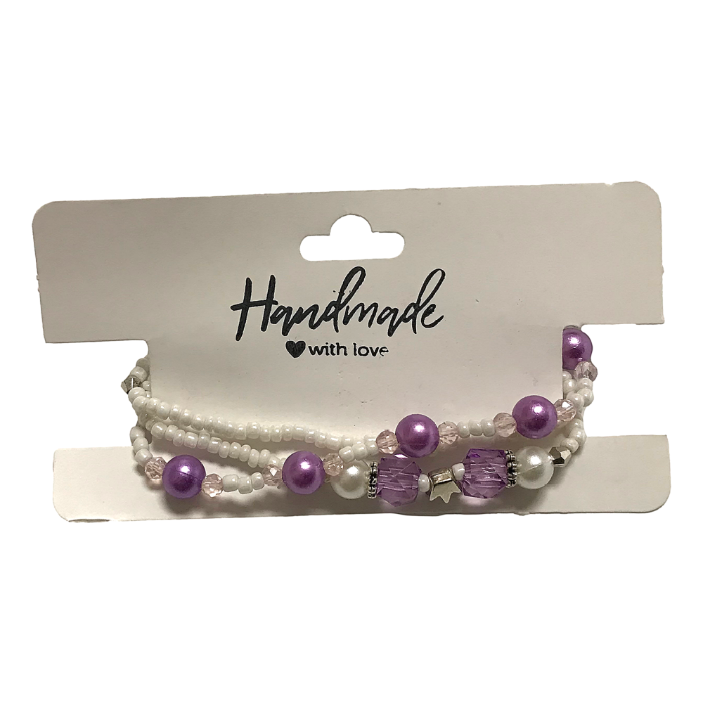 Handmade White Seed Bead Purple Pearl-Like Bracelet Set, Crystal Accents, Boho Ocean Jewelry