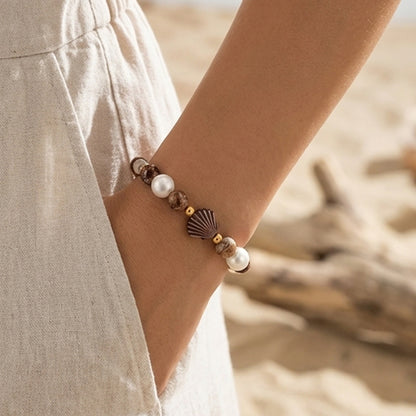 Handmade Wood and Pearl Beaded Bracelet Earth Tone Gemstone Seashell Charm Jewelry Coastal Boho Style