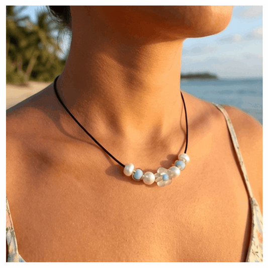Minimalist Floral Design Necklace with Acrylic White Pearl Beads, Black Cord, Lobster Claw with Extension Chain