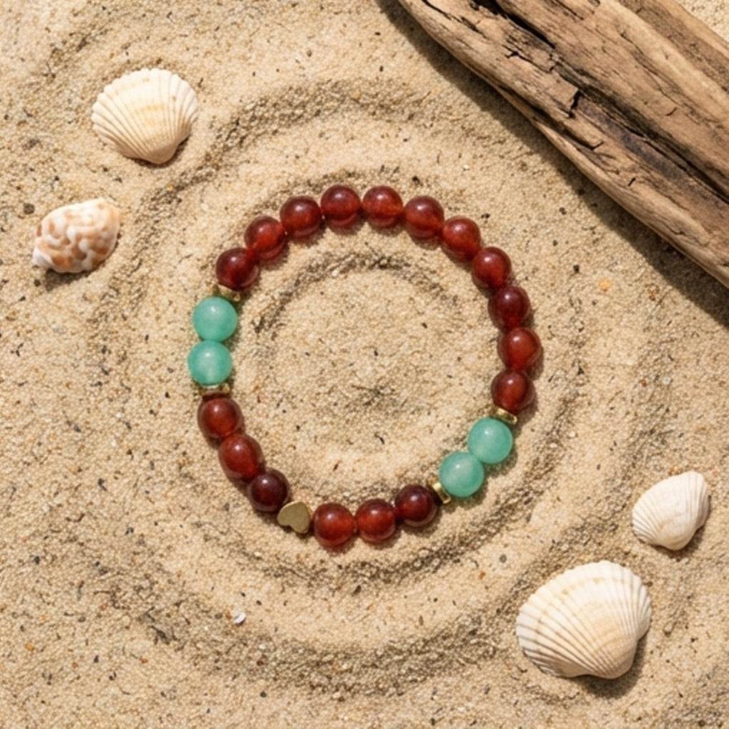 Handmade Red & Turquoise Beaded Bracelet, Gold Heart Charm Jewelry Boho Gemstone Stackable