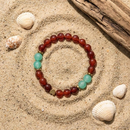 Handmade Red & Turquoise Beaded Bracelet, Gold Heart Charm Jewelry Boho Gemstone Stackable