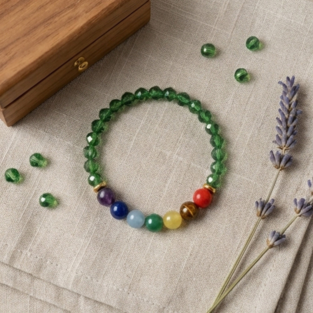 Green Crystal-Style and 7 Chakra Gemstone Bracelet Natural Stone Beaded Handmade Stacking Jewelry Boho Style
