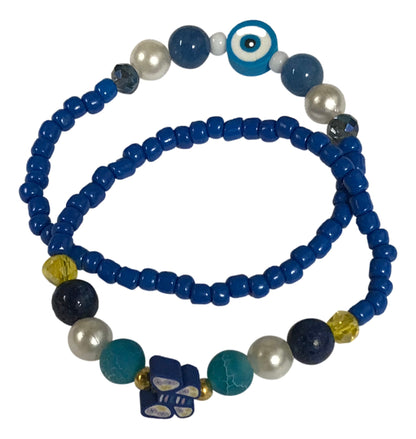 Handmade 2-Piece Blue Beaded Bracelet Set with Pearl-Style, Evil Eye & Butterfly Accents – Gift Jewelry, Boho Fashion Style