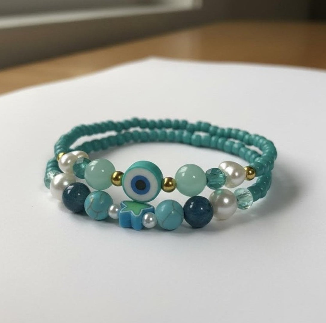 Handmade 2-Piece Turquoise Bracelet Set with White & Blue Beads, Evil Eye & Star Accents – Gift Jewelry, Boho Chic Style