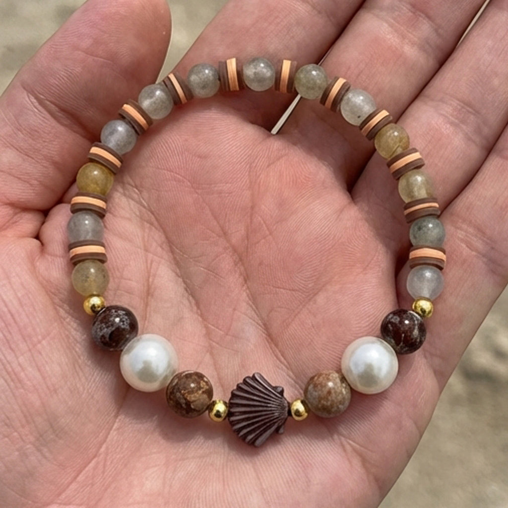 Handmade Wood and Pearl Beaded Bracelet Earth Tone Gemstone Seashell Charm Jewelry Coastal Boho Style